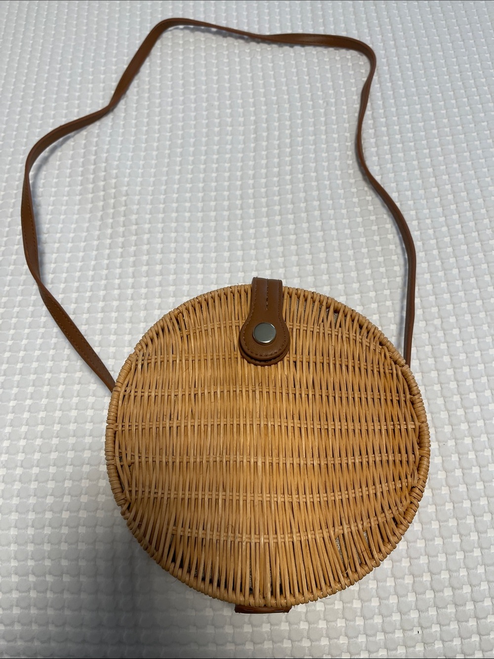 Zara Round Woven Crossbody Bag in Light Brown with Tan Strap